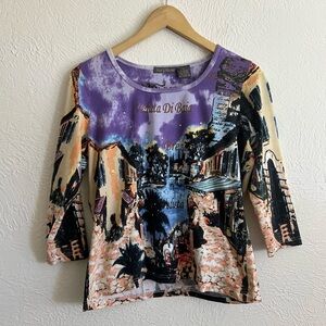 3/$12 Y2K Paris Cafe 3/4 Sleeve Tee w/ Rhinestone Detail Size Large